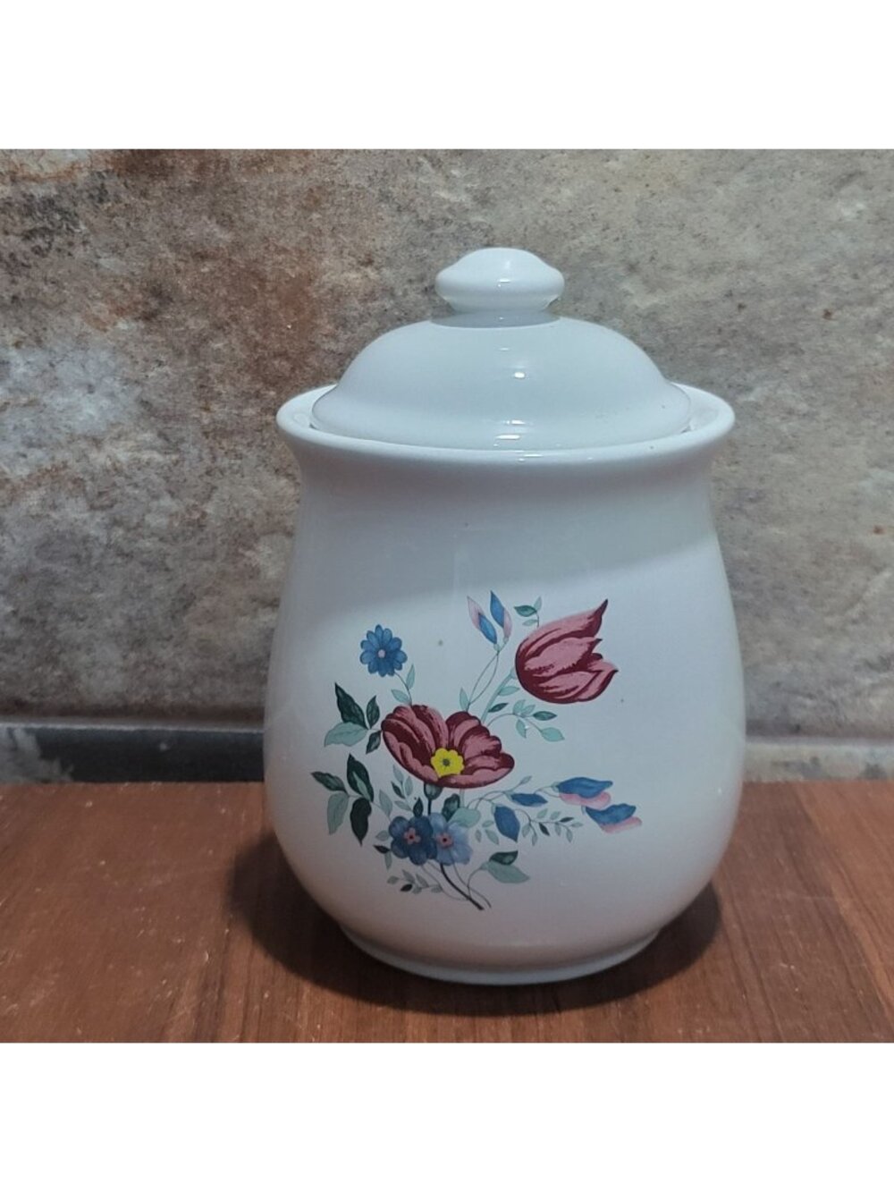 VTG Small White Ceramic Porcelain Kitchen Canister Floral Red Blue Flowers
